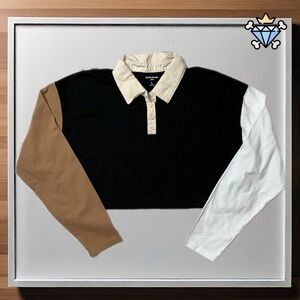 WOMENS SOCIAL TOURIST LONG SLEEVE COLOR BLOCK CROPPED POLO SHIRT SIZE LARGE